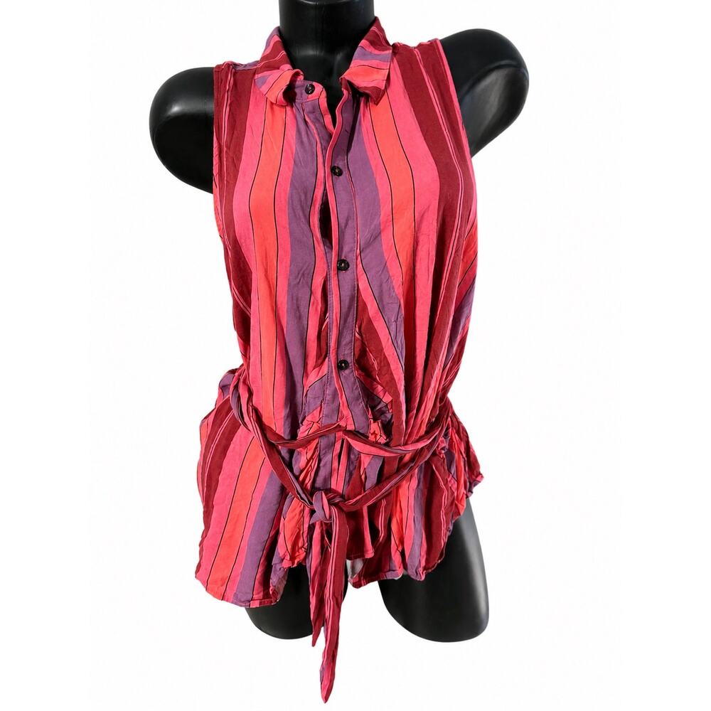 Free People Small Mackenzie Wrap Red Pink Stripe Sleeveless Boho Y2K Tie Blouse